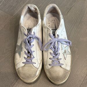 Golden Goose White and Silver Sneakers with Lavender Laces